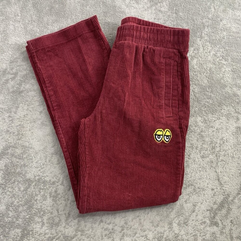 Krooked Skateboarding Pants Mens Small Maroon Corduroy Straight Leg Eyes Logo